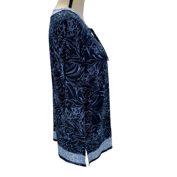 JM Collection 3/4 Sleeve Lace Up Neck Floral Print Blouse - Blue - size Medium - Picture 2 of 10